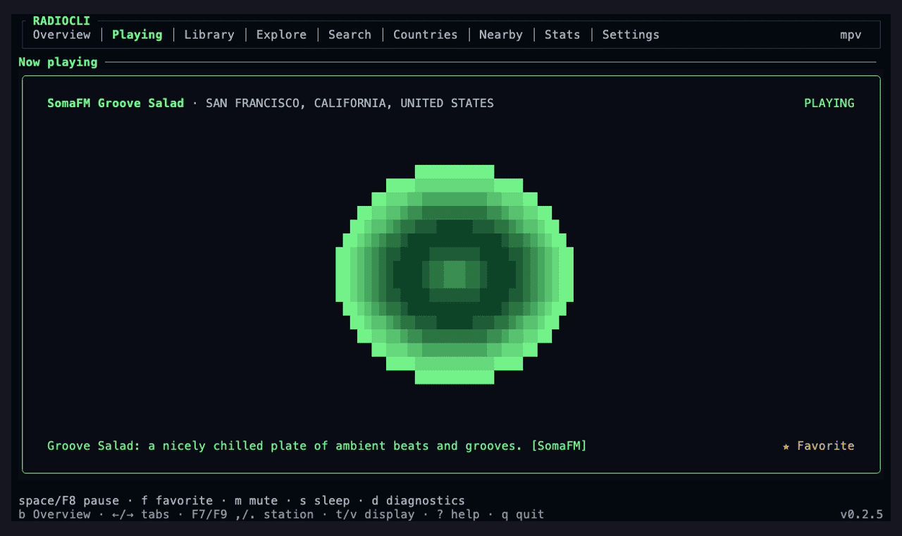 RadioCLI full-screen Now Playing receiver