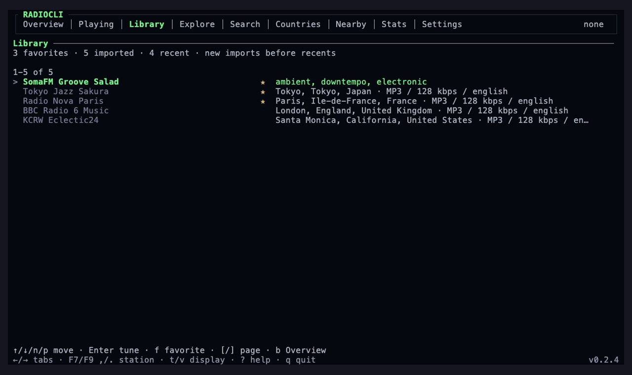 Library with favorites, recent stations, and imported streams