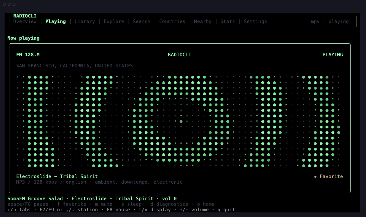 RadioCLI full-screen Now Playing receiver