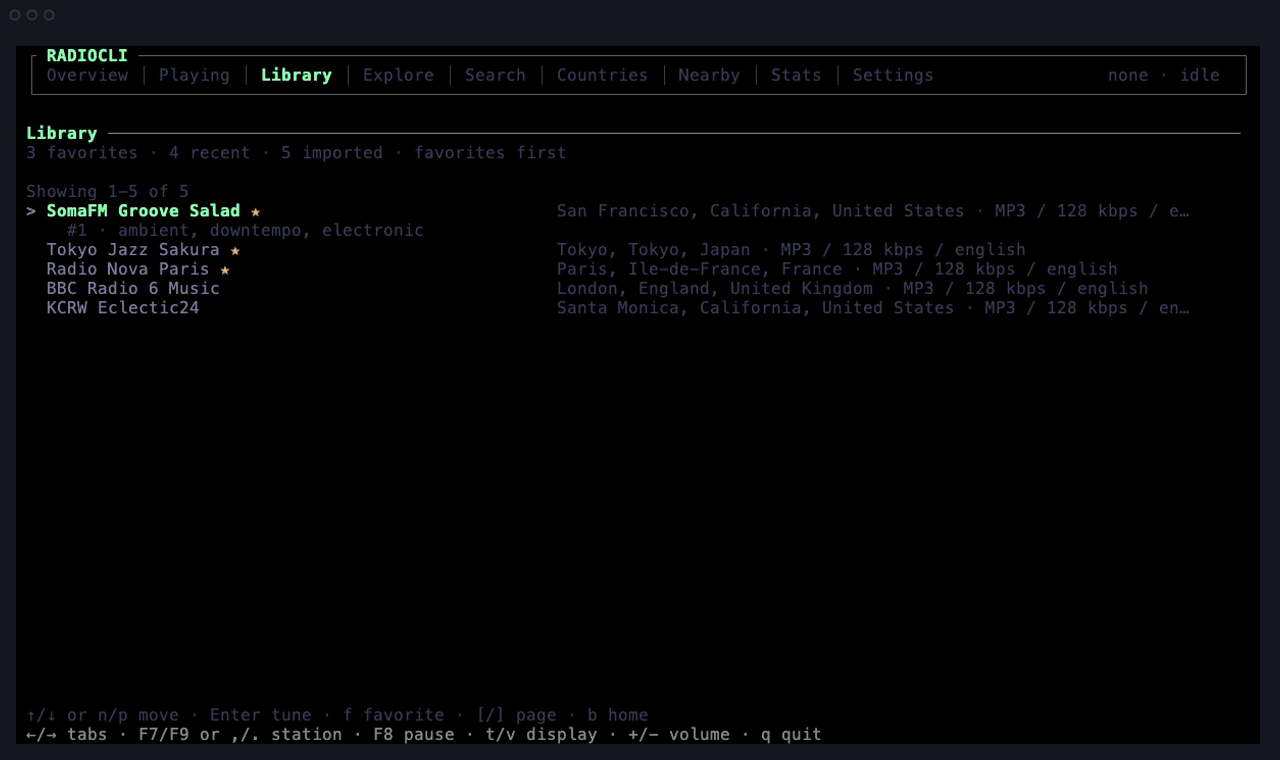 Library with favorites, recent stations, and imported streams