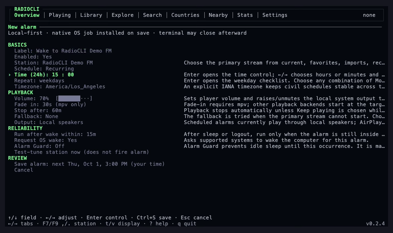 RadioCLI alarm settings