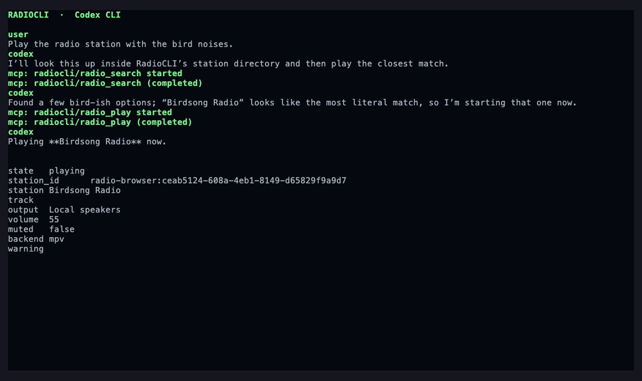 Codex CLI finding and playing Birdsong Radio through RadioCLI MCP tools